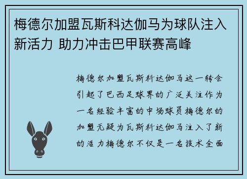 梅德尔加盟瓦斯科达伽马为球队注入新活力 助力冲击巴甲联赛高峰